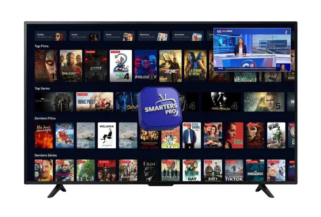 Abonnement IPTV Smarters Pro avec chaînes, films et séries en 4K sur grand écran